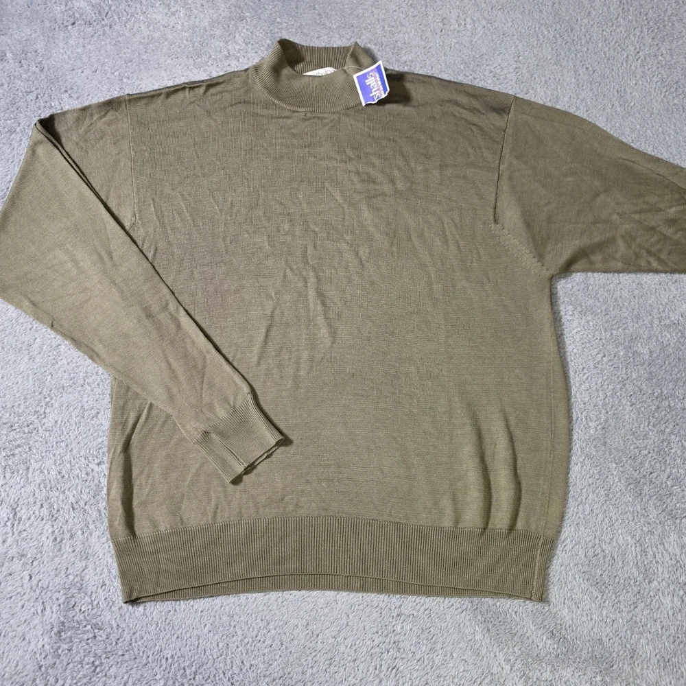 Anthology Mens XL Sweater Olive Green 100% Silk Mock Neck Long Sleeve Pullover
